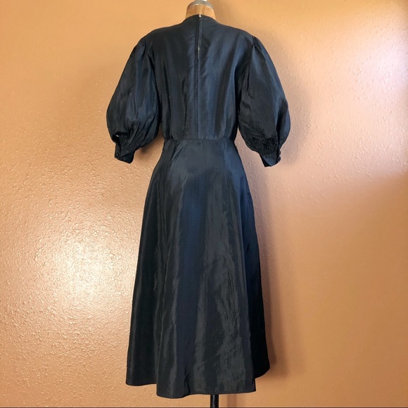 Vintage 40s Black + Green Micro Dot Dramatic Smocked Balloon Sleeve Party Dress - Picture 6 of 9